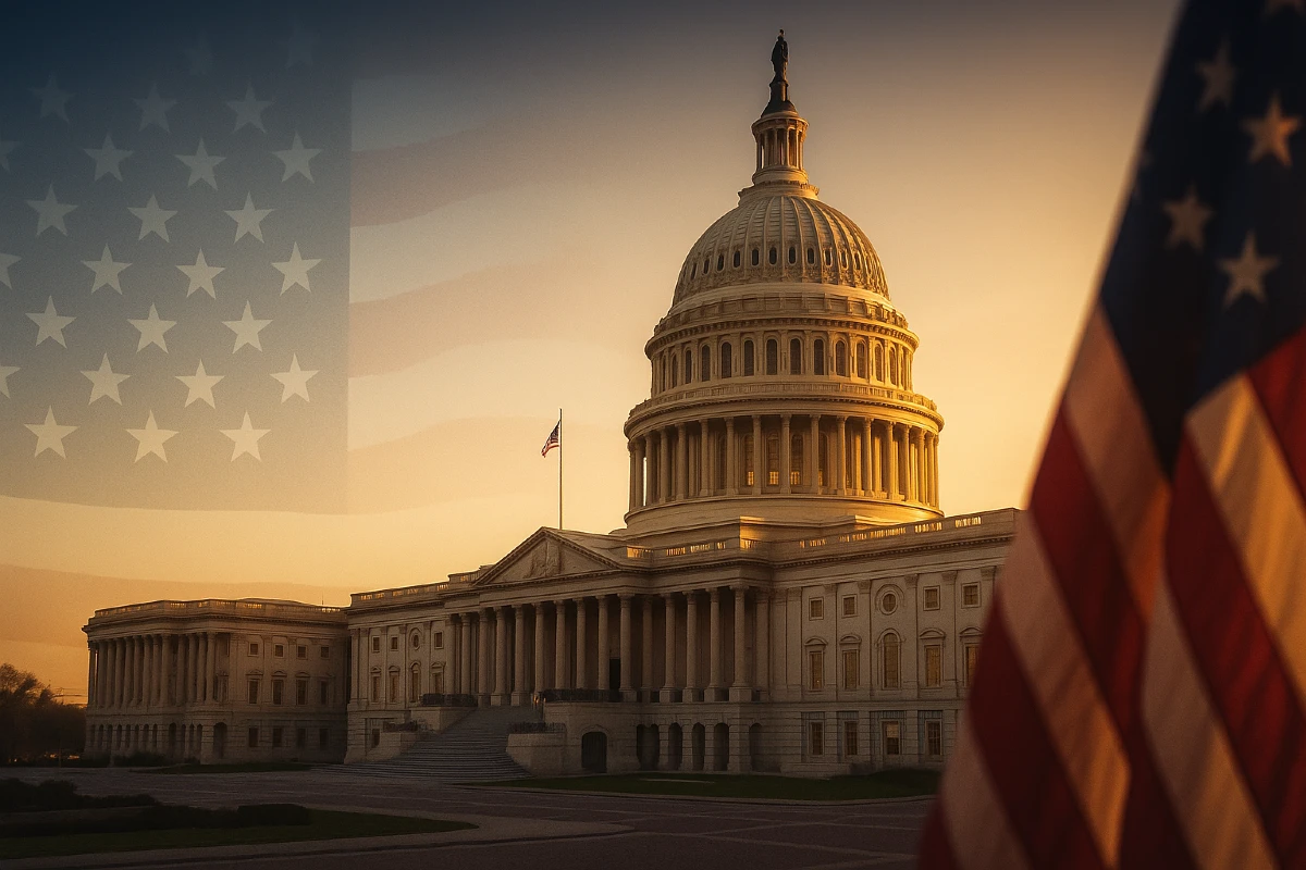 US Capitol with American flag at sunrise