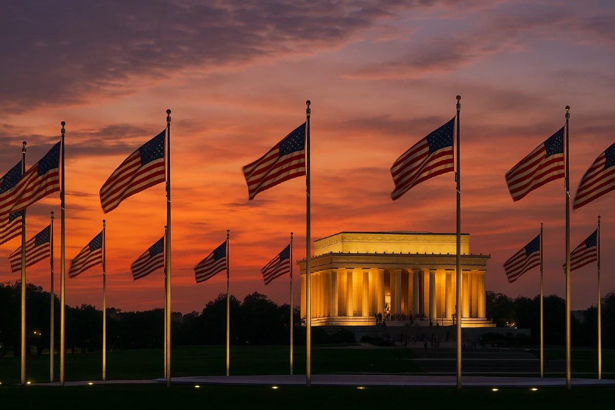 Lincoln Memorial with flags at dusk