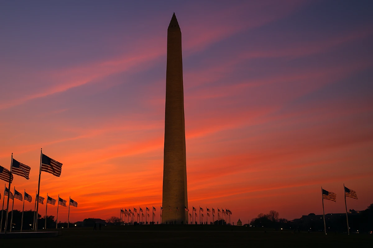 National Mall at sunset with flags